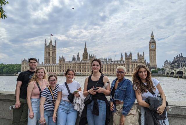 Students go on a walking tour in London, England.