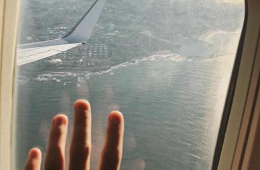 Person's left hand on plane window